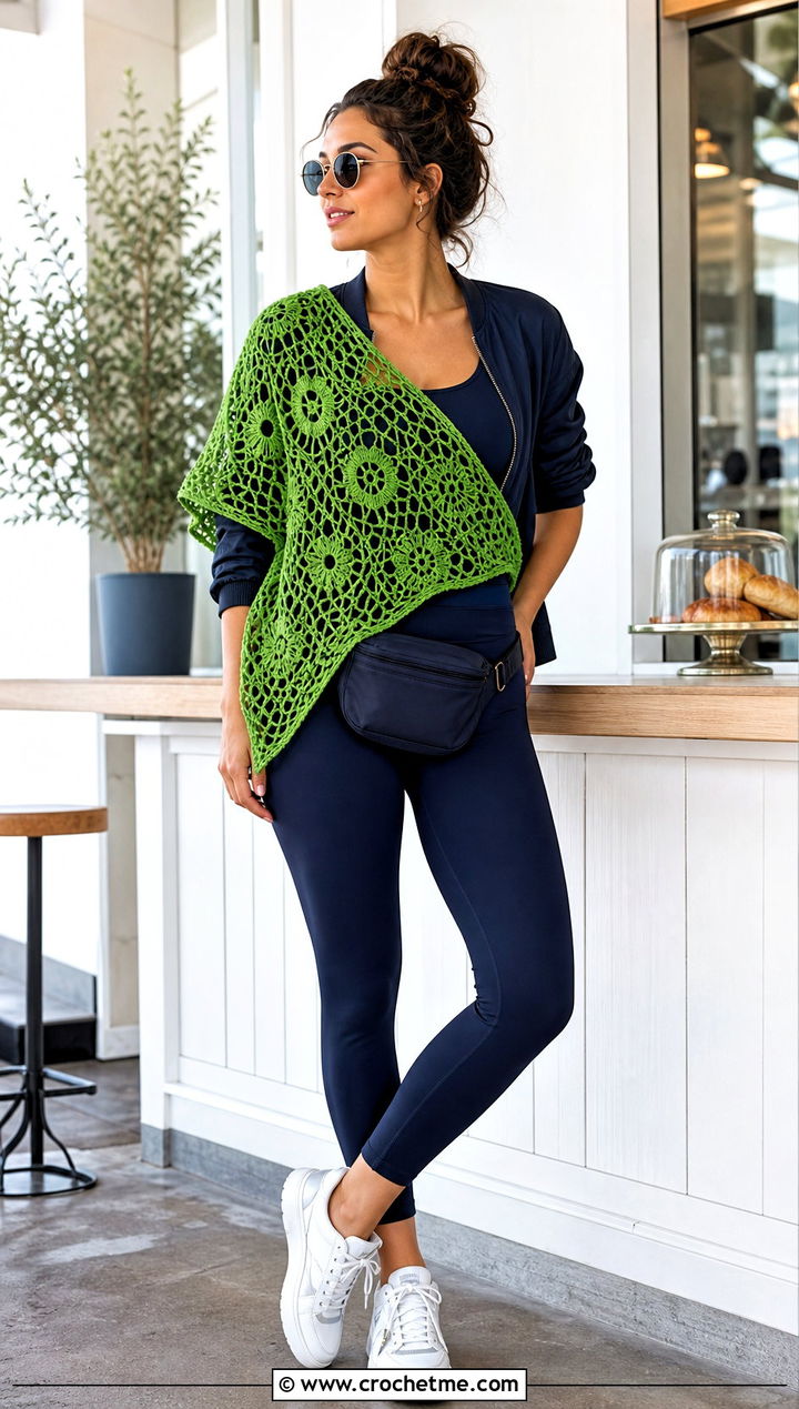 Open Mesh Irish Crochet Shawl With Athleisure Set - 20 Irish Crochet Shawl outfit ideas