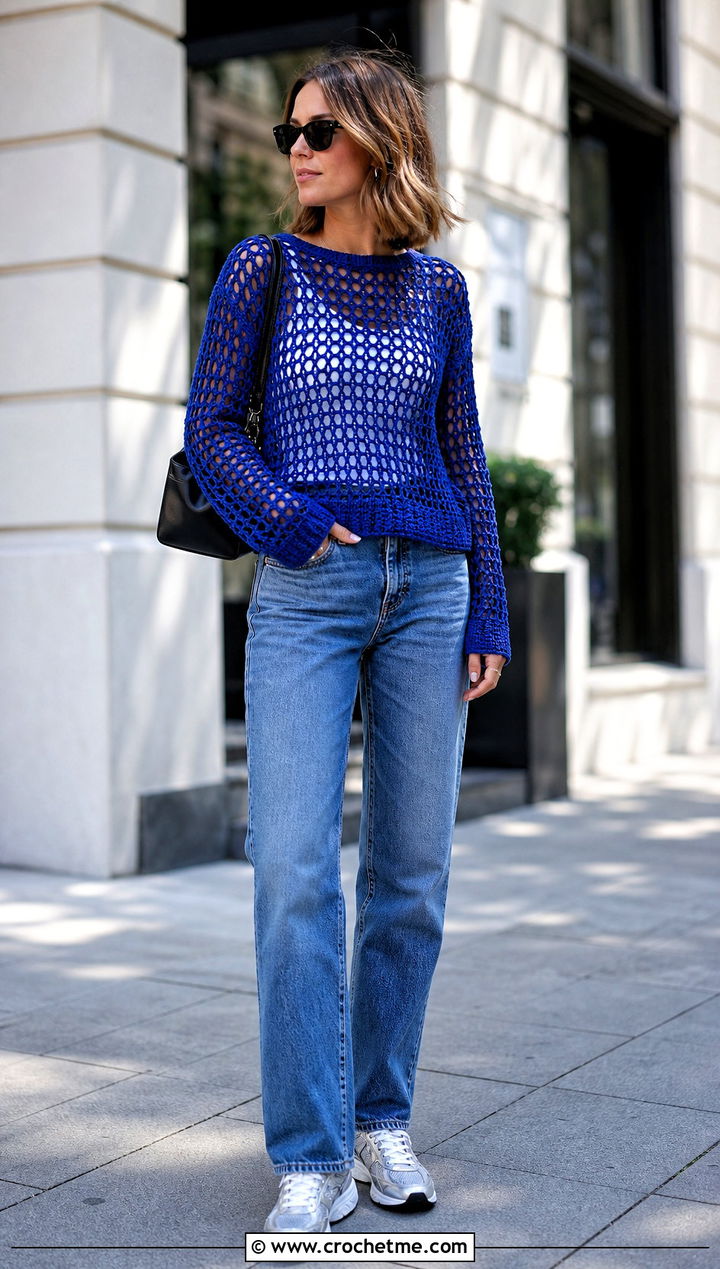 Open Mesh Lace Weight Crochet Sweater With Straight Leg Jeans - 15 Lace Weight Crochet Sweater outfit ideas