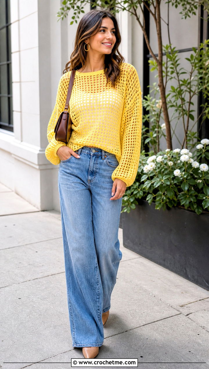 Open Mesh Light Crochet Sweater With Wide Leg Jeans - 25 Light Crochet Sweater outfit ideas