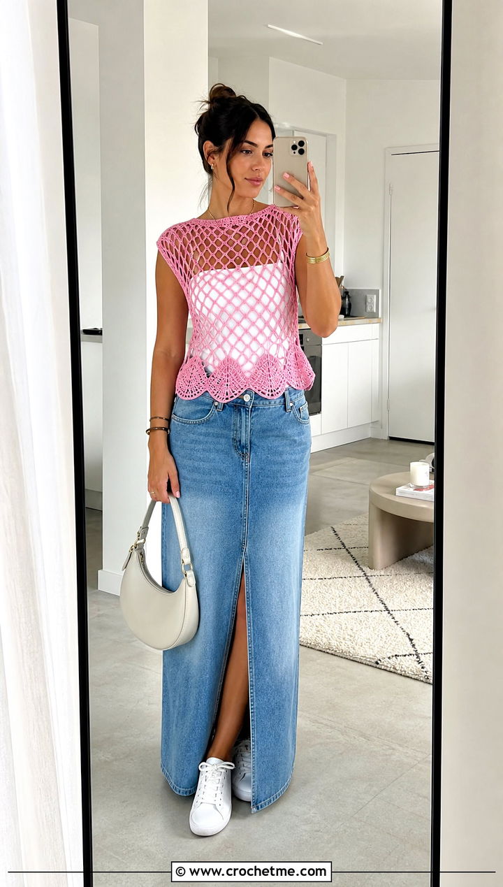 Open Mesh Mermaid Crochet Top With Denim Maxi Skirt - 15 mermaid crochet top outfit ideas