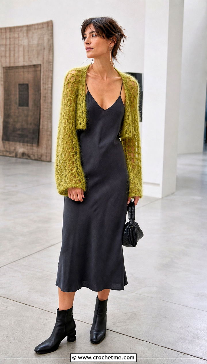 Open Mesh Mohair Crochet Shrug With Slip Dress - 25 mohair crochet shrug outfit ideas
