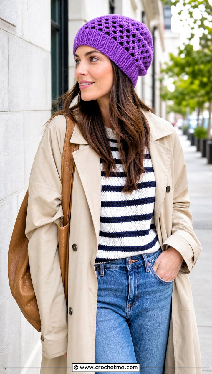 Open Mesh Oversized Crochet Beanie With Trench Coat - 15 Oversized Crochet Beanie outfit ideas