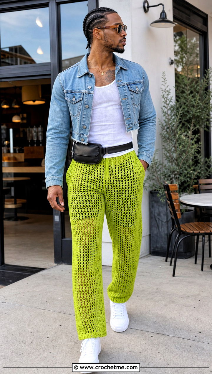 Open Mesh Straight Leg Crochet Pants With Denim Jacket - 15 crochet men pants outfit ideas