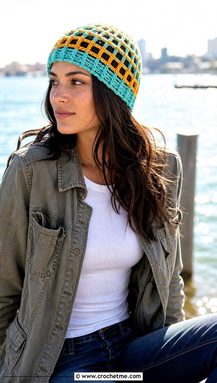 Open Mesh Two Color Crochet Beanie With Utility Jacket - 30 2 color crochet beanie hat outfit ideas
