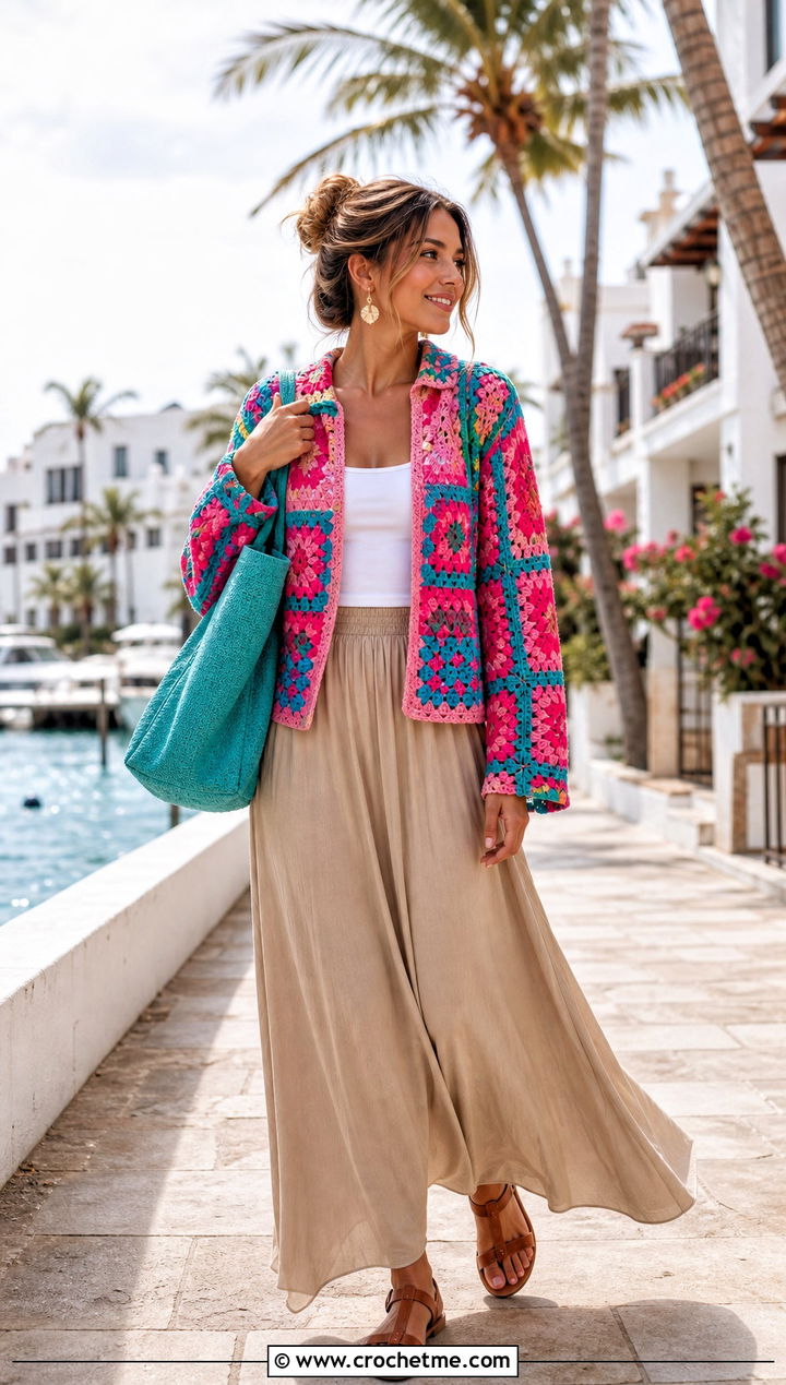 Open Neck Checkered Sweater With Flowing Maxi Skirt - 30 crochet checkered sweater outfit ideas