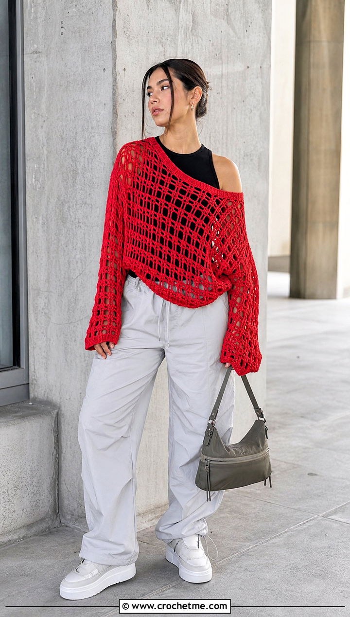 Open Shoulder Crochet Grid Sweater With Parachute Pants - 30 crochet grid sweater outfit ideas