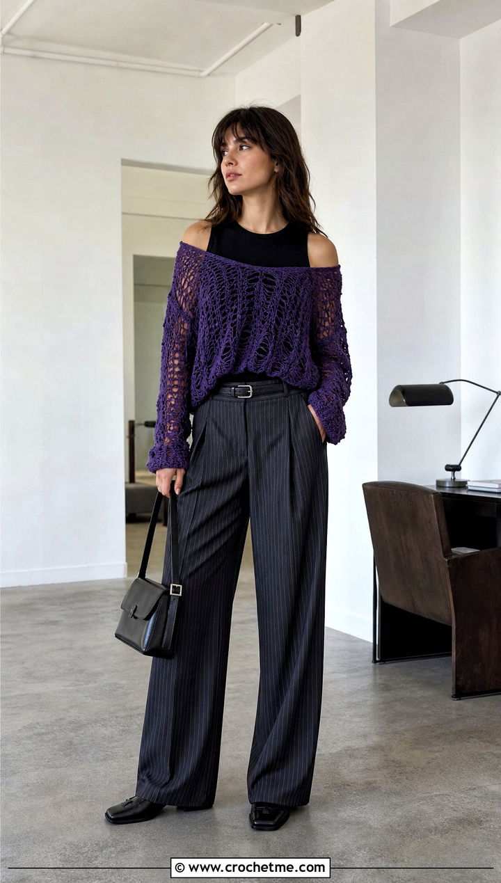Open Shoulder Crochet Grunge Sweater With Pinstripe Trousers - 30 crochet grunge sweater outfit ideas