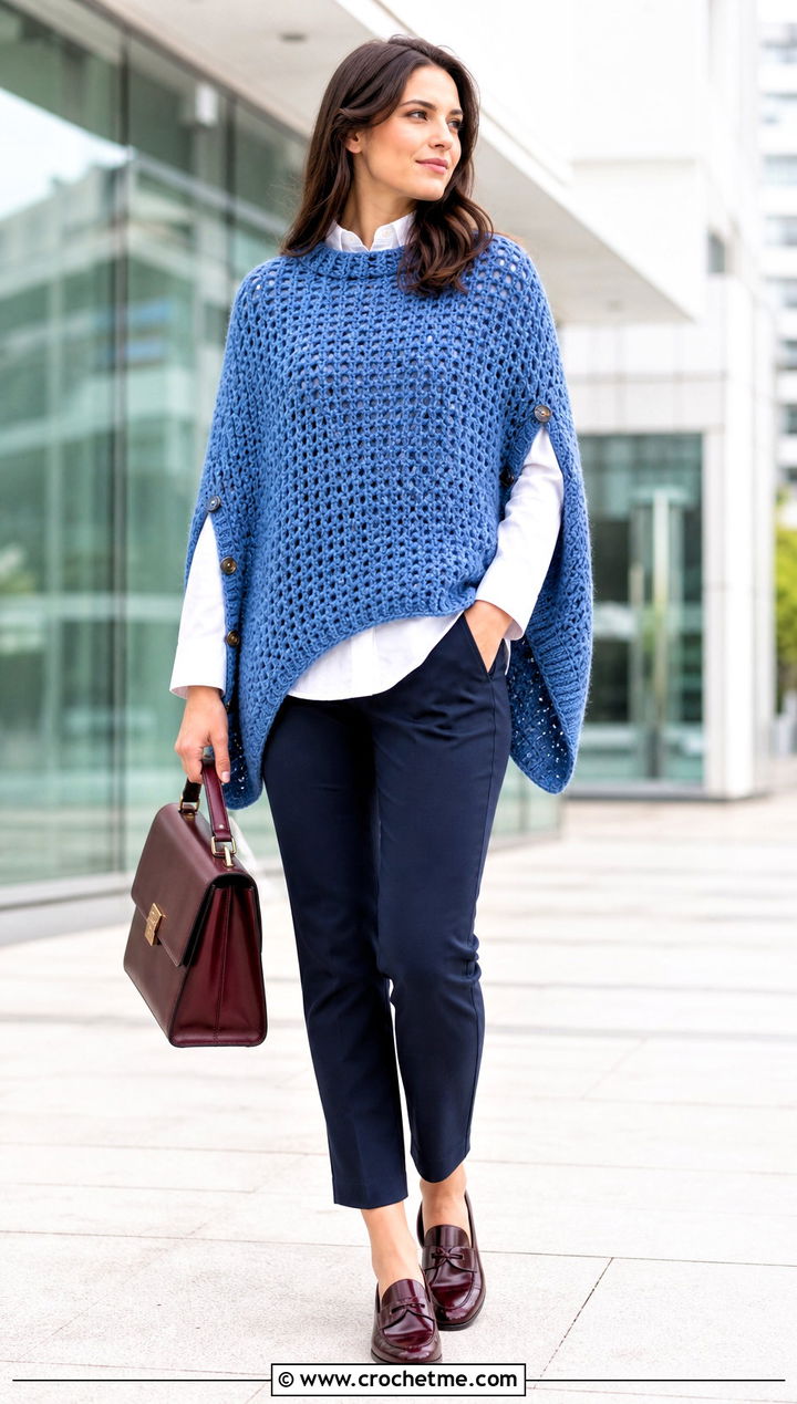 Open Side Chunky Crochet Poncho With Button Down Shirt - 25 Chunky Crochet Poncho outfit ideas