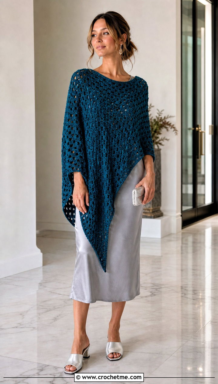 Open Side Corner To Corner Crochet Poncho Over A Slip Dress - 15 Corner To Corner Crochet Poncho outfit ideas