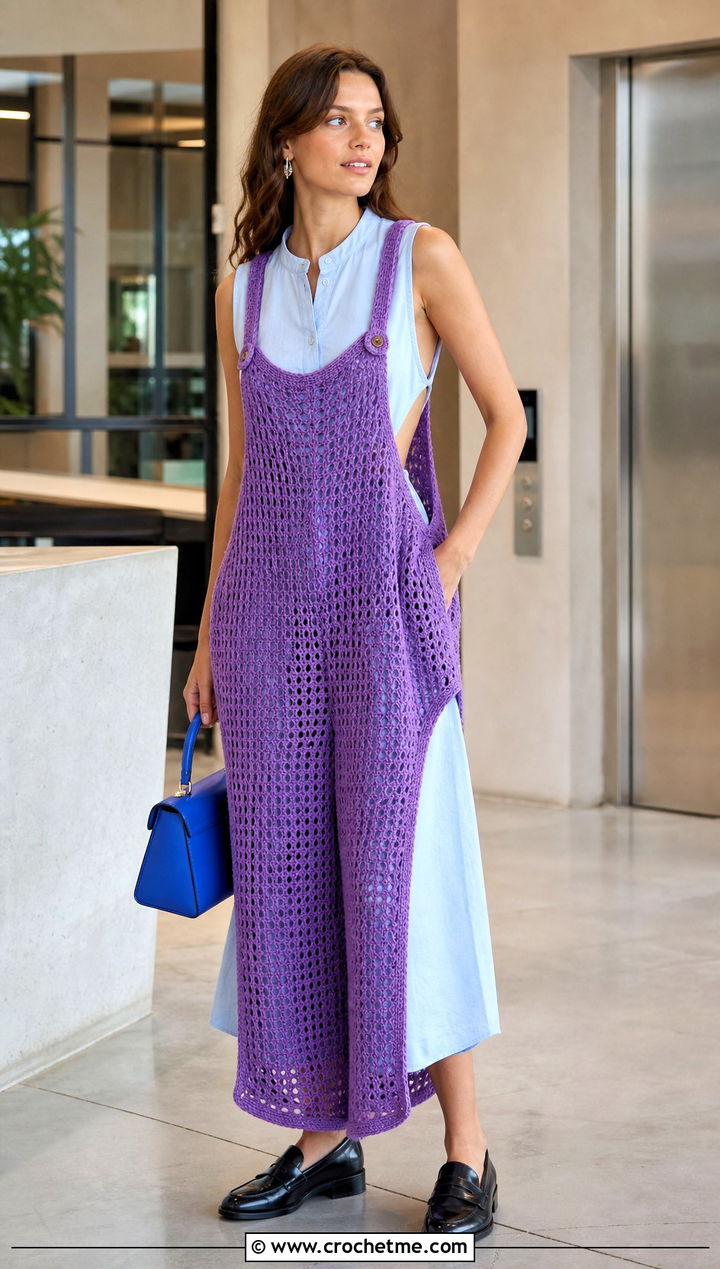 Open Side Crochet Dungarees With Button Front Dress - 30 crochet dungarees outfit ideas