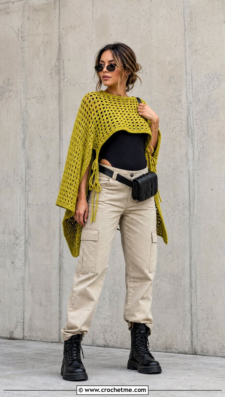 Open Side Crochet Poncho With Cargo Pants - 15 Easy Crochet Ponchos outfit ideas