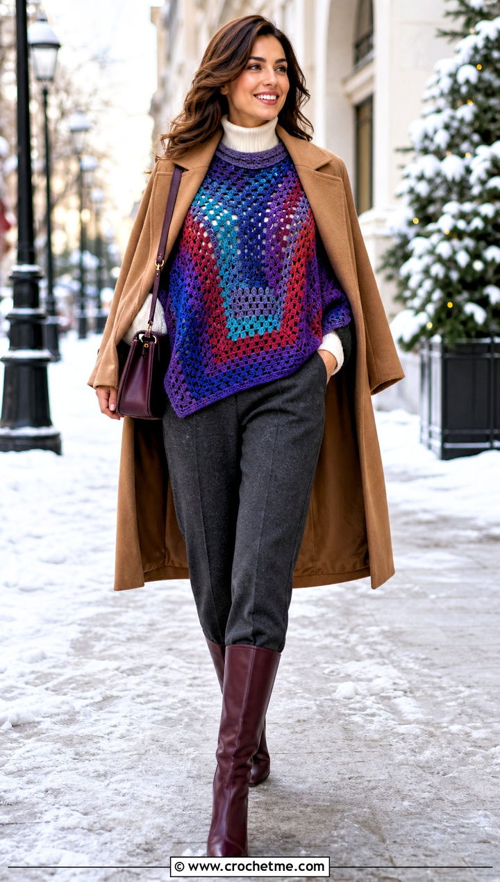 Open Side Crochet Poncho With Layered Winter Basics - 20 Easy Crochet Poncho For Beginners outfit ideas