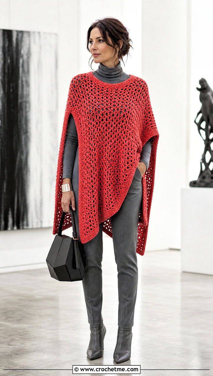 Open Side Crochet Poncho With Monochrome Base Layers - 30 woman winter crochet poncho outfit ideas
