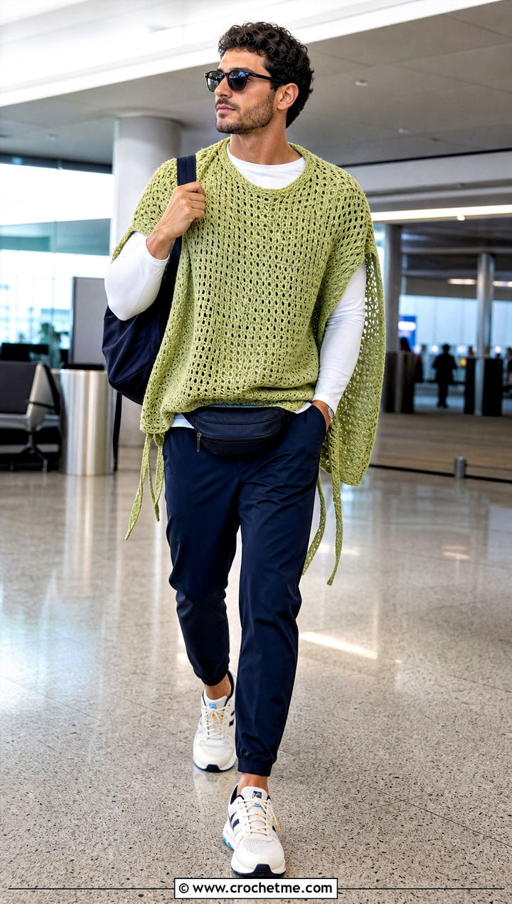 Open Side Crochet Poncho With Track Pants - 30 men crochet poncho outfit ideas