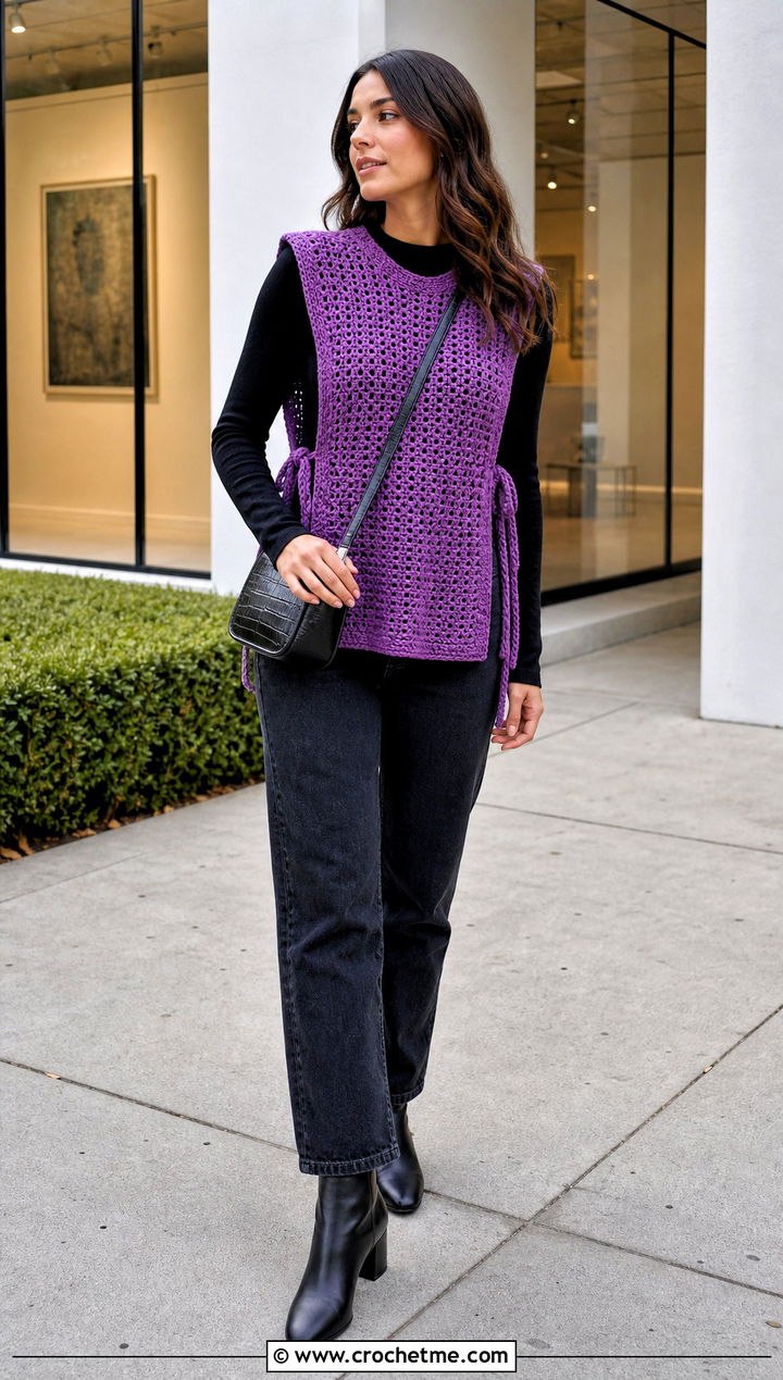 Open Side Crochet Vest With a Long Sleeve Top - 35 crochet vests outfit ideas