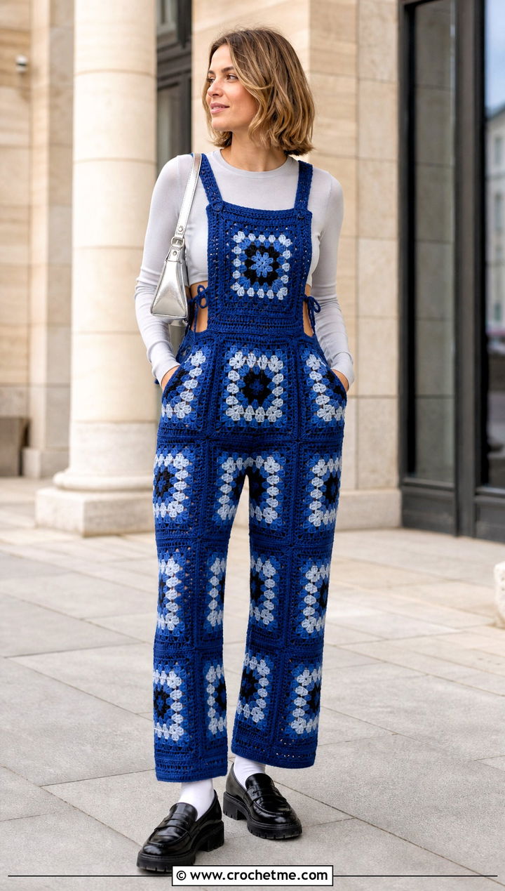 Open Side Granny Square Crochet Overalls With Long Sleeve Bodysuit - 20 Granny Square Crochet Overalls outfit ideas