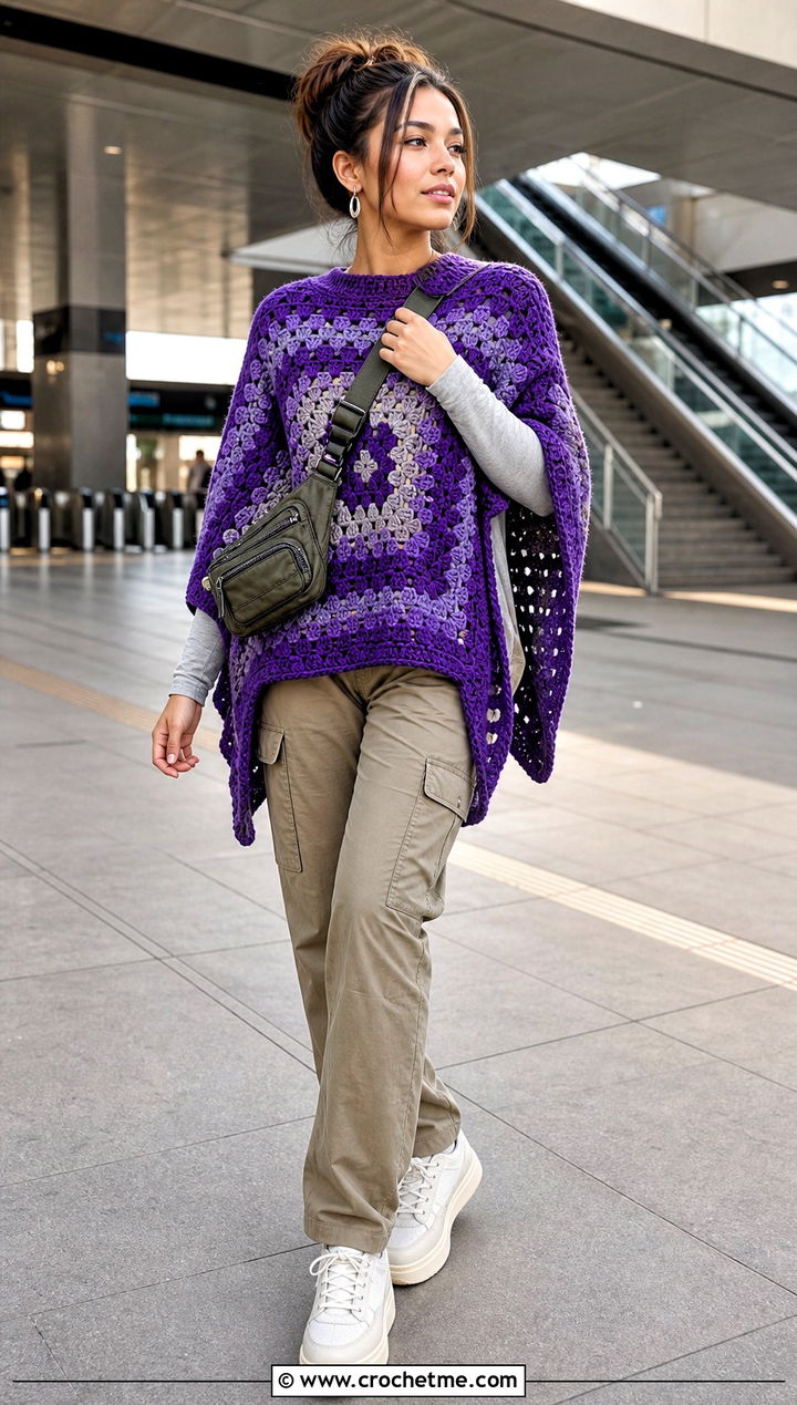 Open Side Granny Square Poncho With Cargo Pants - 25 Granny Squares Poncho outfit ideas