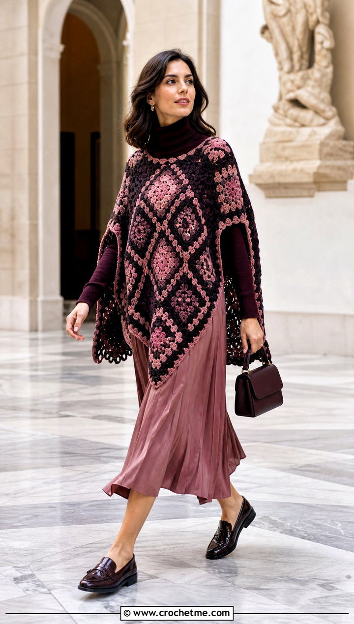 Open Side Granny Square Poncho With Pleated Midi Skirt - 35 granny square poncho outfit ideas