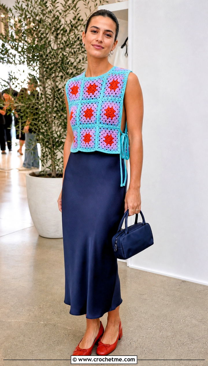 Open Side Granny Square Sweater Vest With Slip Dress - 15 Crochet Granny Square Sweater Vest outfit ideas