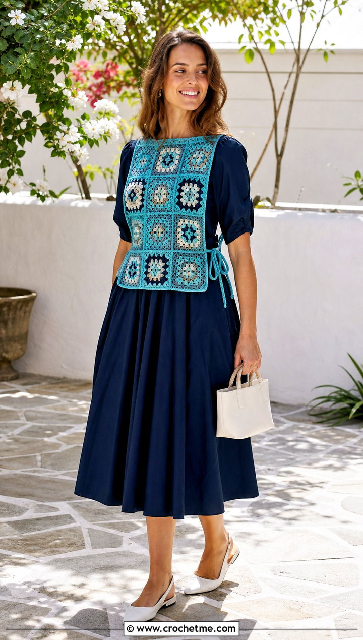 Open Side Granny Square Vest With Poplin Dress - 25 Granny Squares Vest outfit ideas