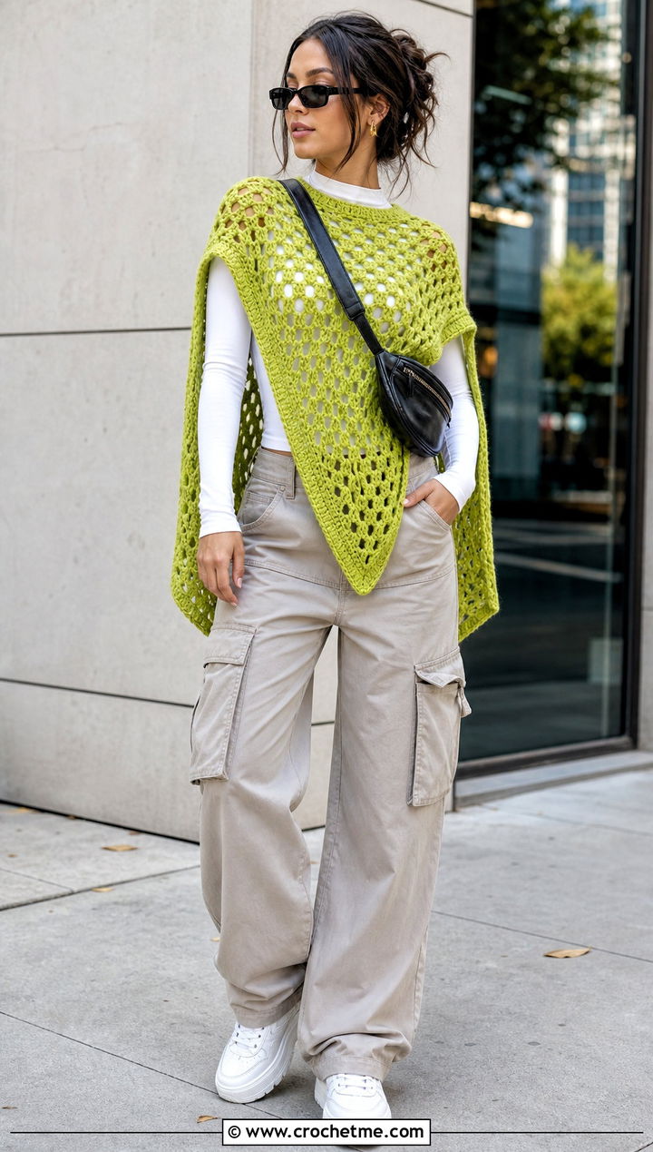 Open Side Hexagon Crochet Poncho With Cargo Pants - 20 Hexagon Crochet Poncho outfit ideas