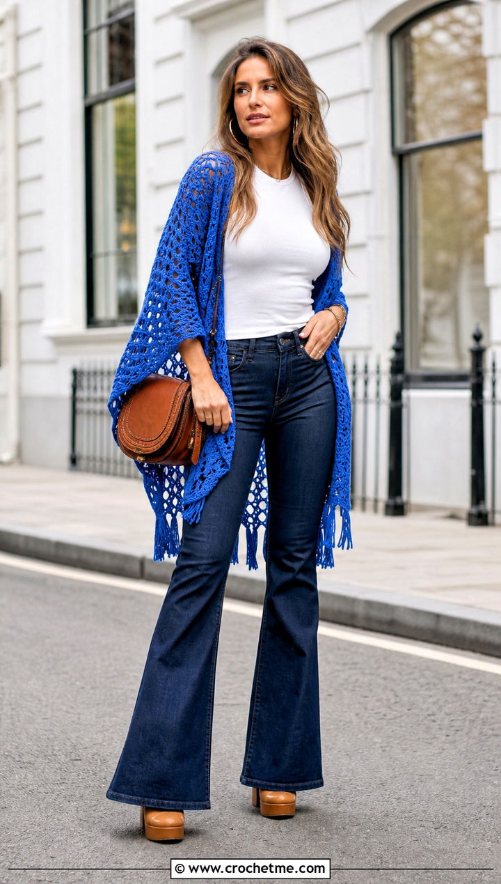 Open Side Mesh Crochet Poncho With Flared Jeans - 25 Mesh Crochet Poncho outfit ideas