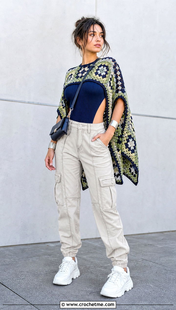 Open Side Mosaic Poncho With Cargo Pants - 15 Mosaic Crochet Poncho outfit ideas