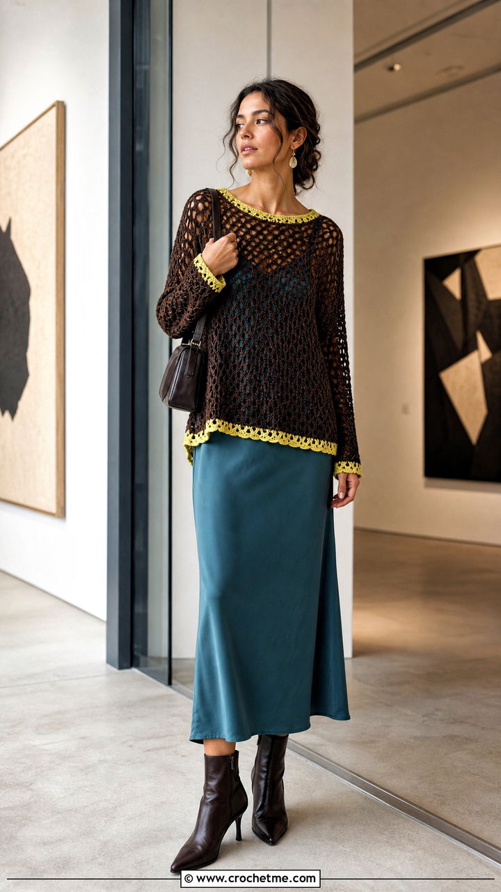 Open Stitch Brown Crochet Sweater With Slip Dress - 35 crochet brown sweater outfit ideas