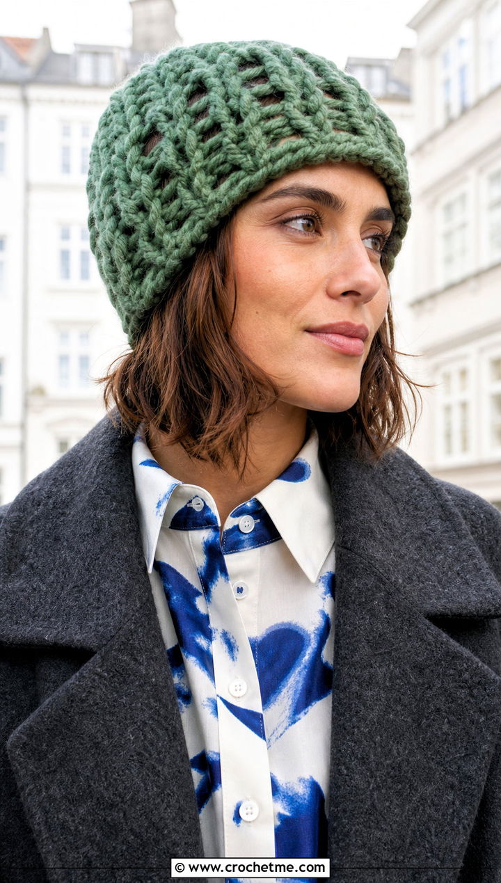 Open Stitch Bulky Crochet Beanie With Printed Shirt - 30 bulky crochet beanie outfit ideas
