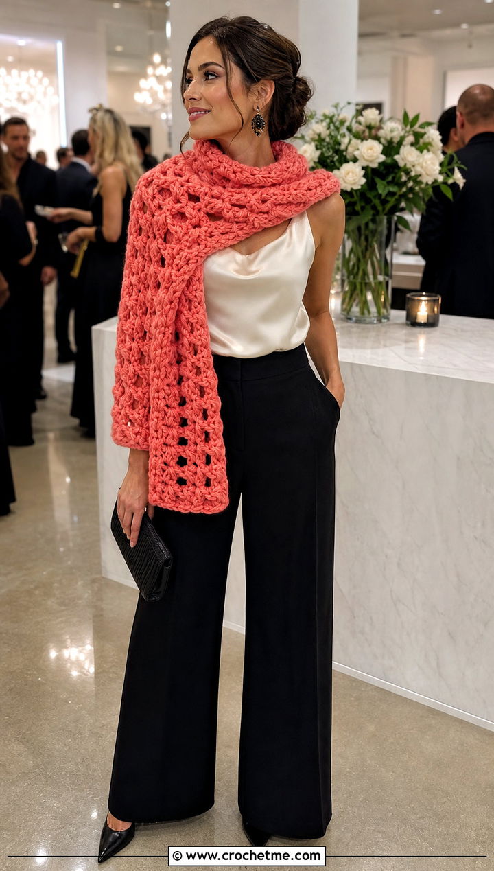 Open Stitch Bulky Crochet Scarf With Satin Blouse - 30 bulky crochet scarf outfit ideas