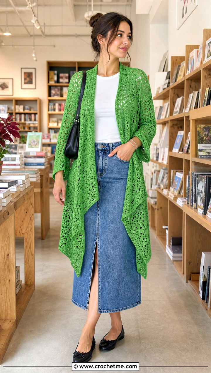 Open Stitch Cascade Crochet Cardigan With Denim Midi Skirt - 15 cascade crochet cardigan outfit ideas