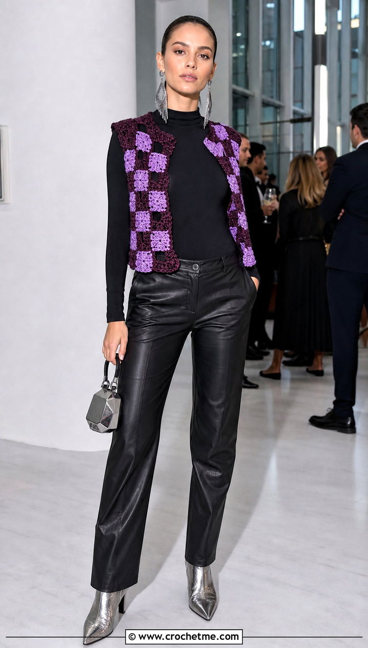 Open Stitch Checkered Crochet Vest With Leather Pants - 15 Crochet Checkered Vest outfit ideas