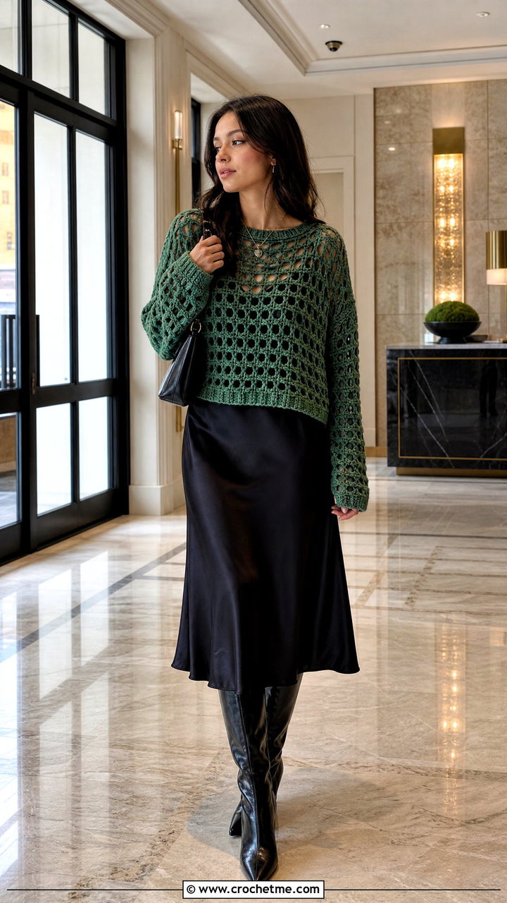 Open Stitch Chunky Crochet Jumper With Slip Dress - 35 chunky crochet jumper outfit ideas