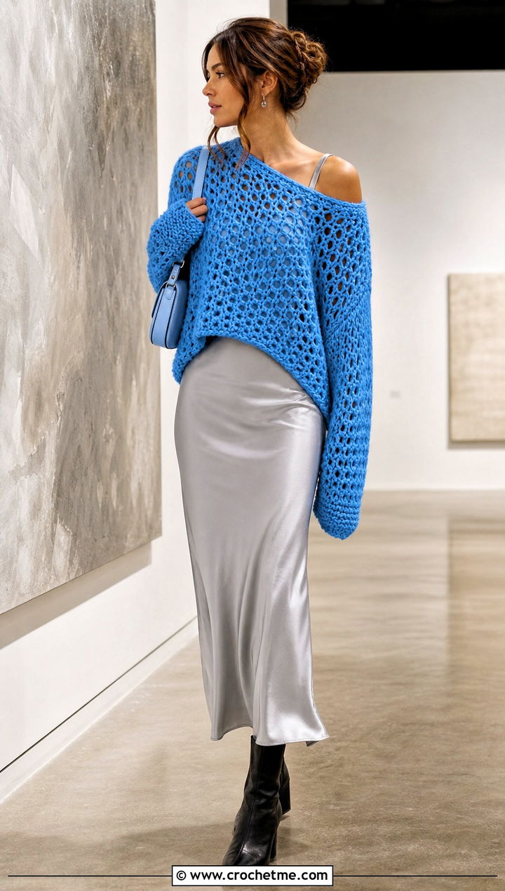 Open Stitch Chunky Crochet Sweater With Slip Dress - 25 Easy Chunky Crochet Sweater outfit ideas