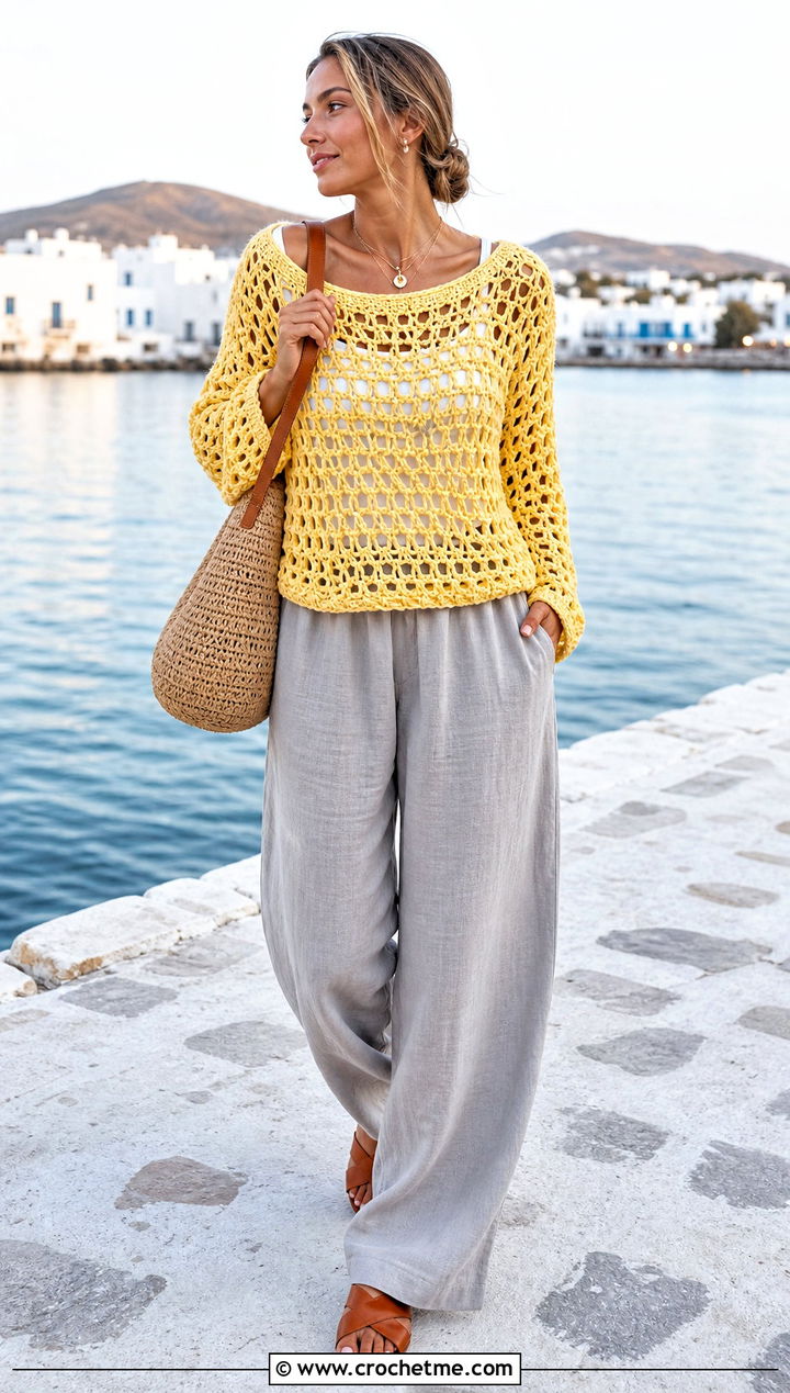 Open Stitch Chunky Crochet Sweater With Tank And Linen Pants - 25 chunky yarn crochet sweater outfit ideas