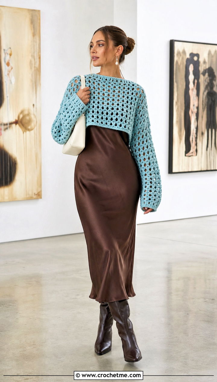 Open Stitch Chunky Crochet Sweater With a Slip Dress - 25 Chunky Crochet Sweaters outfit ideas