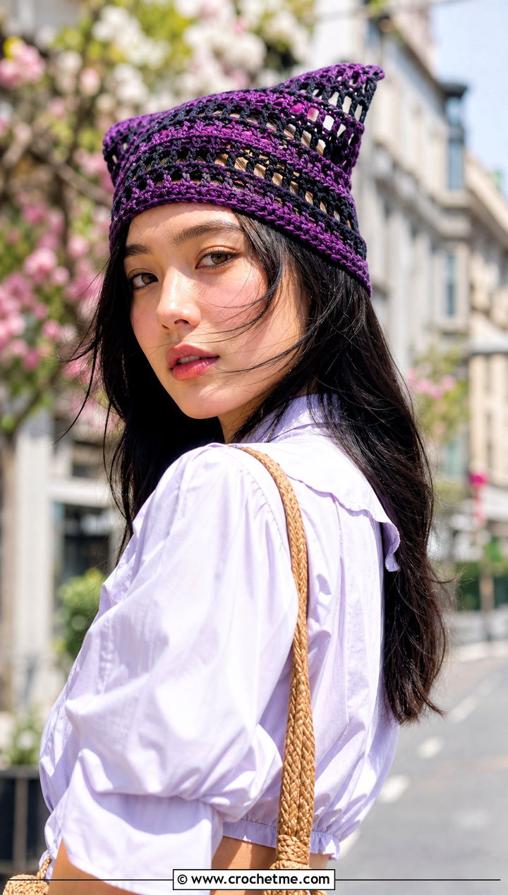 Open Stitch Clancy Crochet Beanie With Blouse And Tailored Shorts - 30 clancy beanie crochet outfit ideas