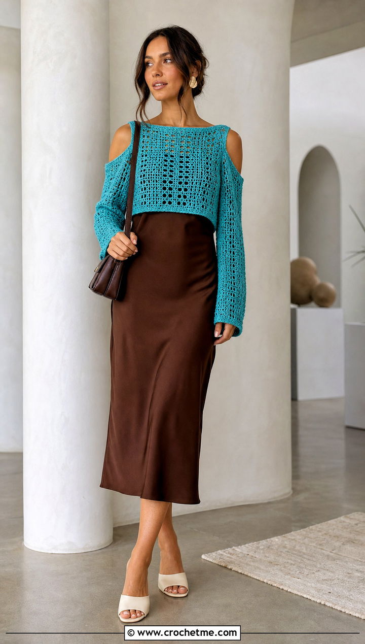 Open Stitch Cold Shoulder Crochet Top Over A Slip Dress - 25 Cold Shoulder Crochet Top outfit ideas