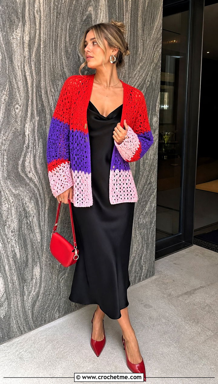 Open Stitch Color Block Crochet Sweater With Slip Dress - 25 Color Block Crochet Sweater outfit ideas