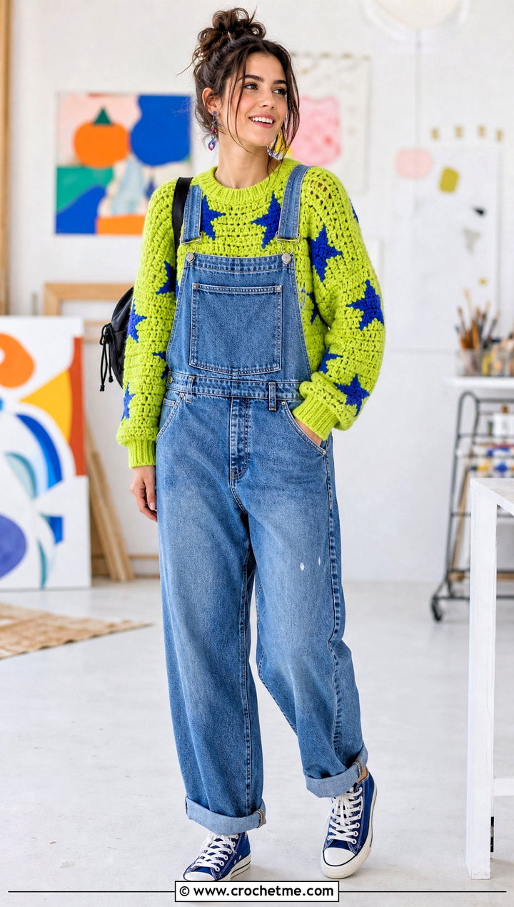 Open Stitch Coraline Star Crochet Sweater With Denim Overalls - 25 coraline crochet sweater outfit ideas