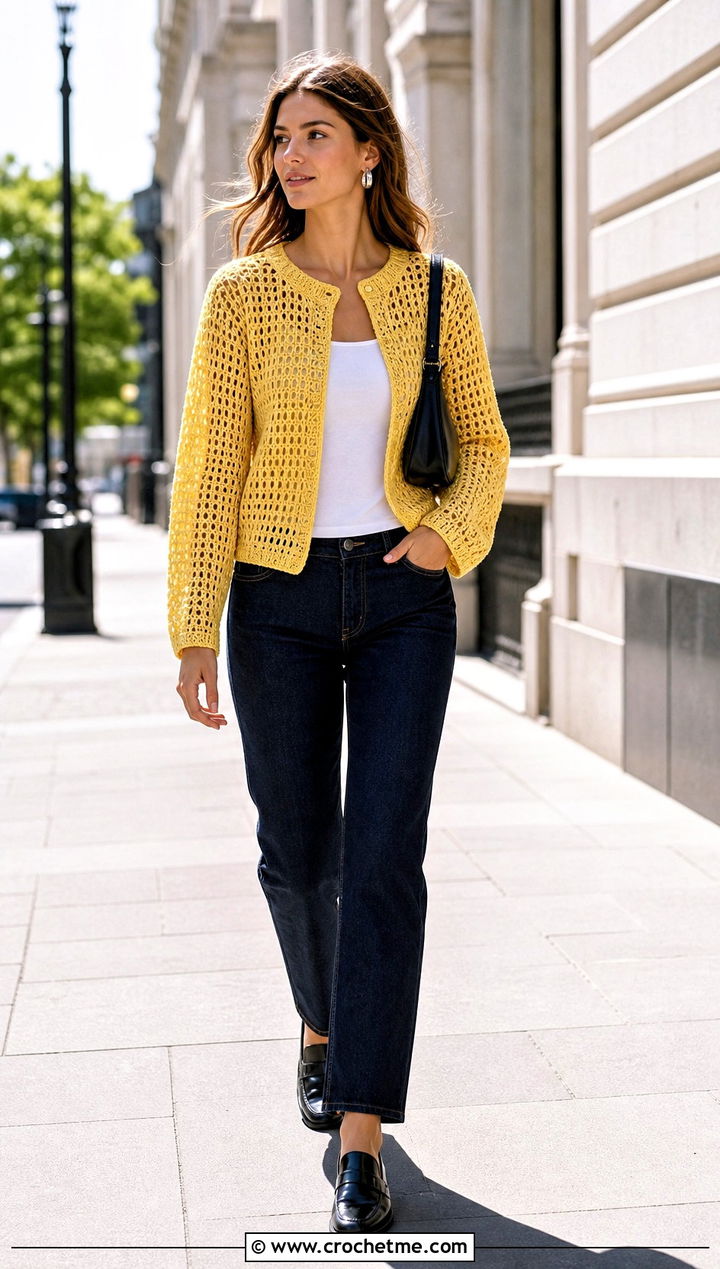 Open Stitch Crew Neck Crochet Cotton Jumper With Straight Jeans - 15 Crochet Cotton Jumper outfit ideas