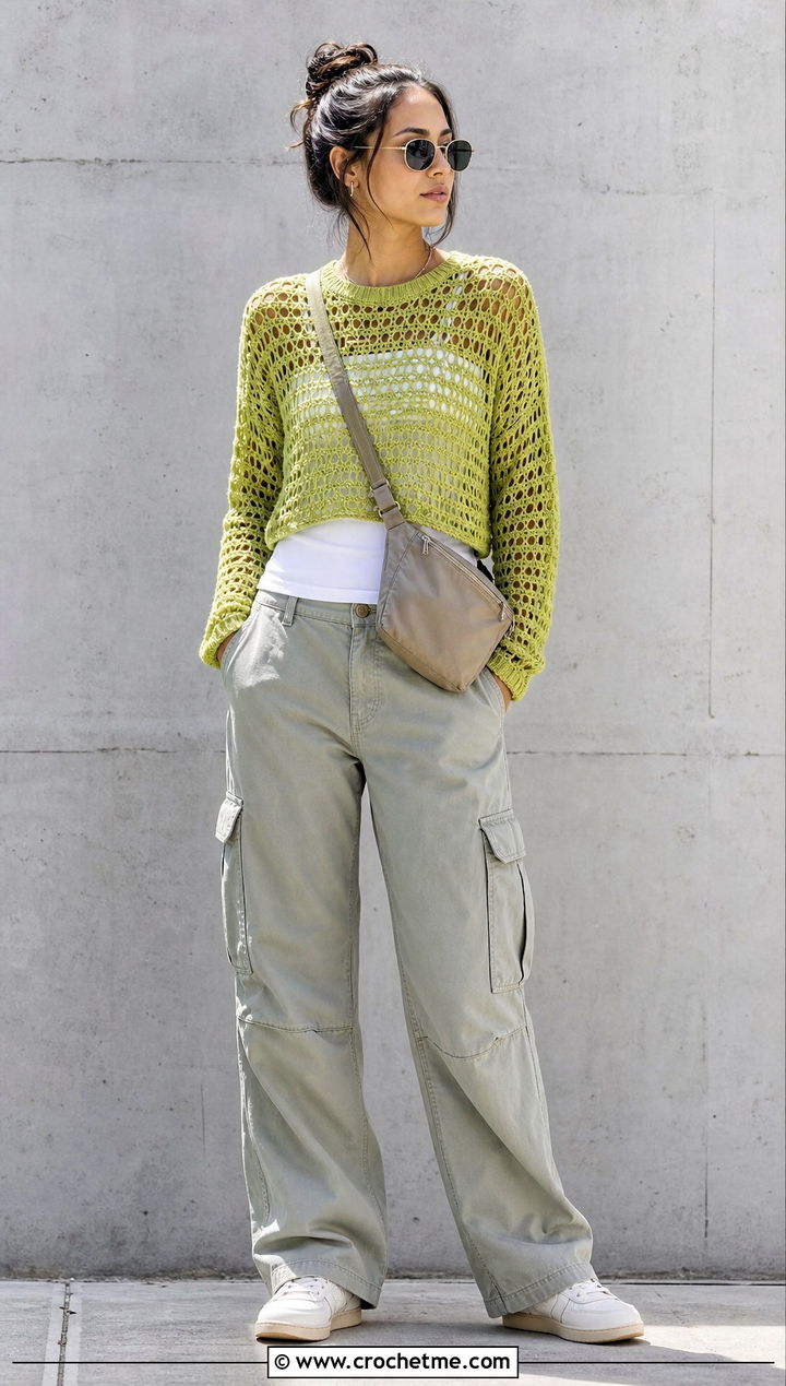 Open Stitch Crewneck Crochet Sweater With Cargo Pants - 35 Crochet Top Sweater outfit ideas
