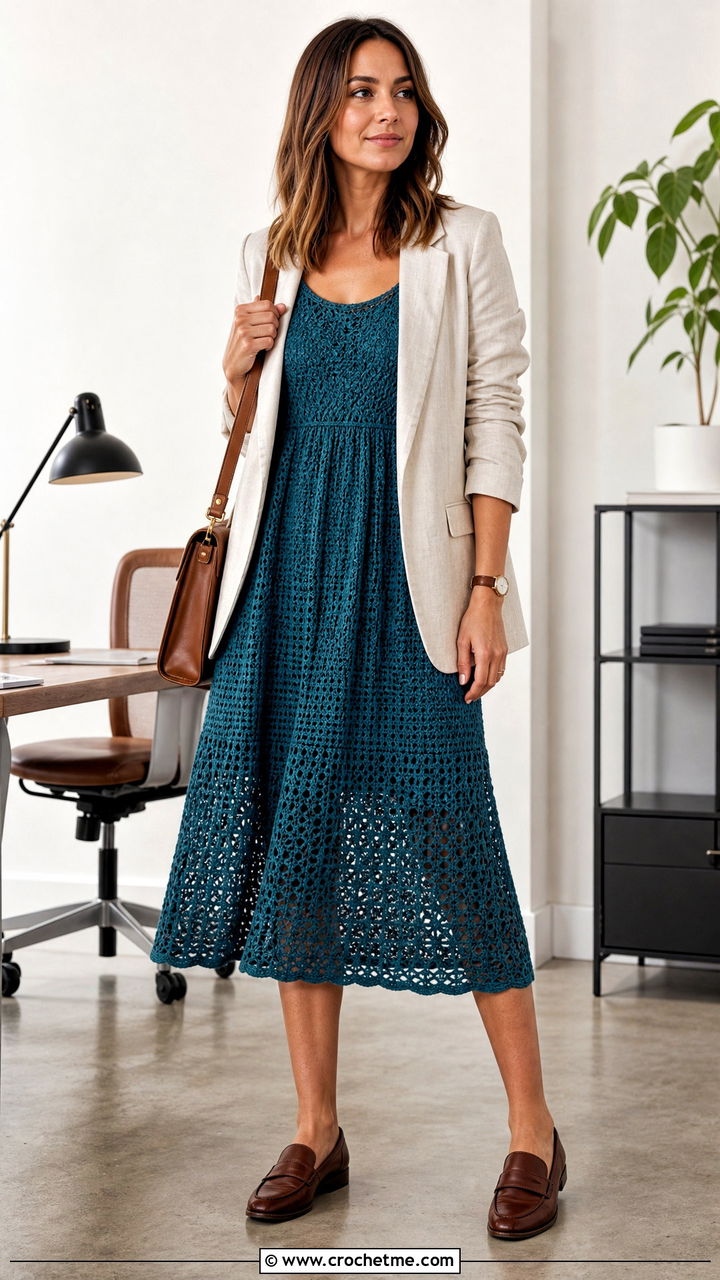 Open Stitch Crochet Babydoll Dress With Linen Blazer - 35 crochet babydoll dress outfit ideas