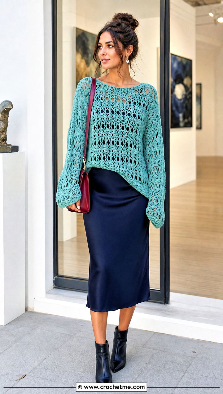 Open Stitch Crochet Baggy Sweater Over A Slip Dress - 30 crochet baggy sweater outfit ideas