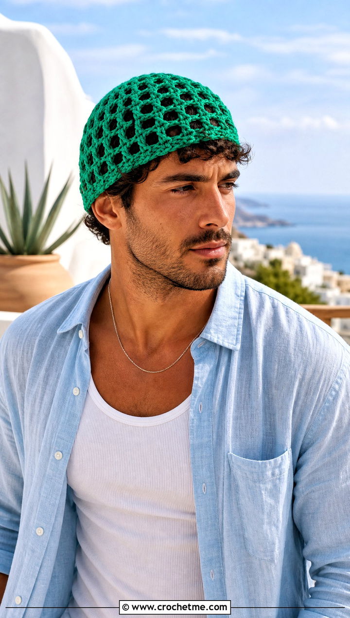 Open Stitch Crochet Beanie With Linen Shirt And Shorts - 30 mens crochet hats men's beanie outfit ideas