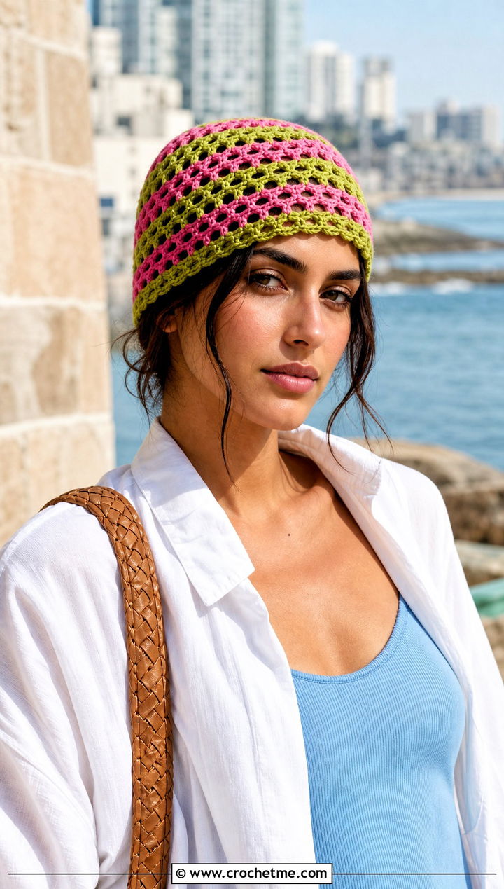 Open Stitch Crochet Beanie With Linen Shirt And Trousers - 30 two color crochet beanie outfit ideas