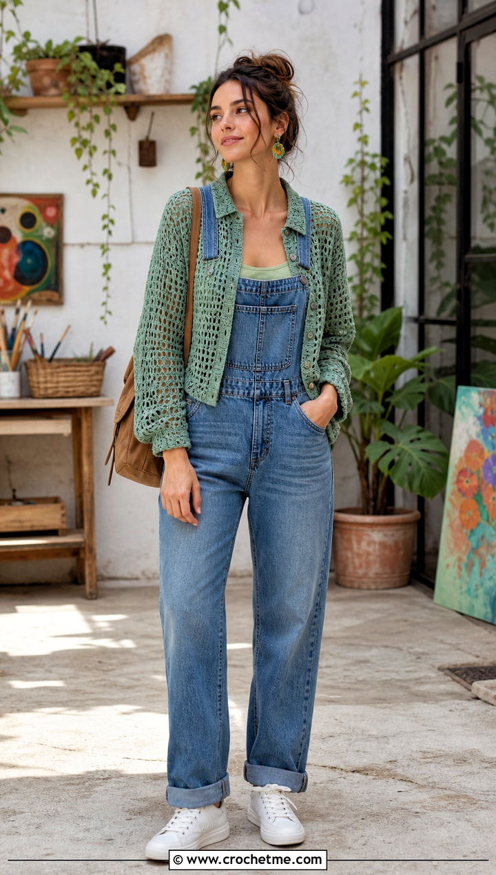Open Stitch Crochet Button Top With Denim Overalls - 35 Crochet Top With Buttons outfit ideas