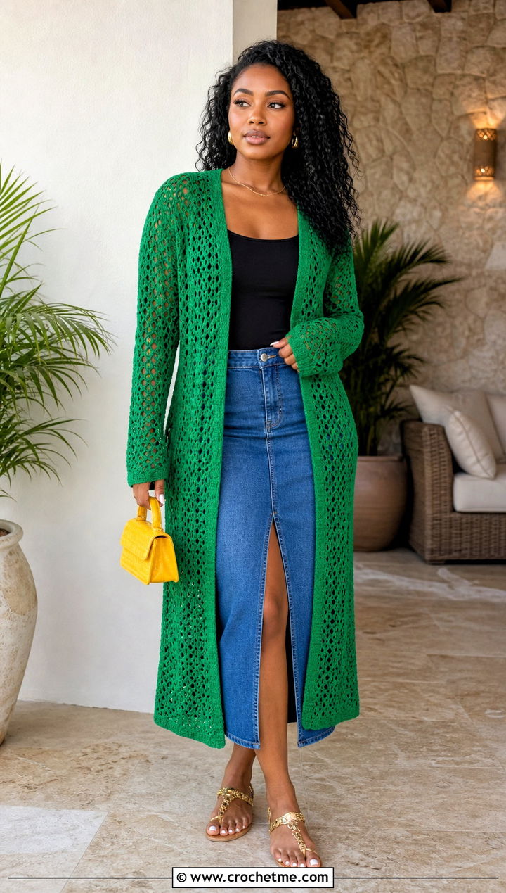 Open Stitch Crochet Cardigan With A Denim Midi Skirt - 35 Crochet Jamaican Outfit ideas