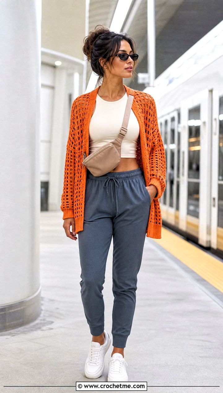 Open Stitch Crochet Cardigan With Joggers And Sneakers - 15 Crochet Cardigan Fall Fashion and outfit ideas