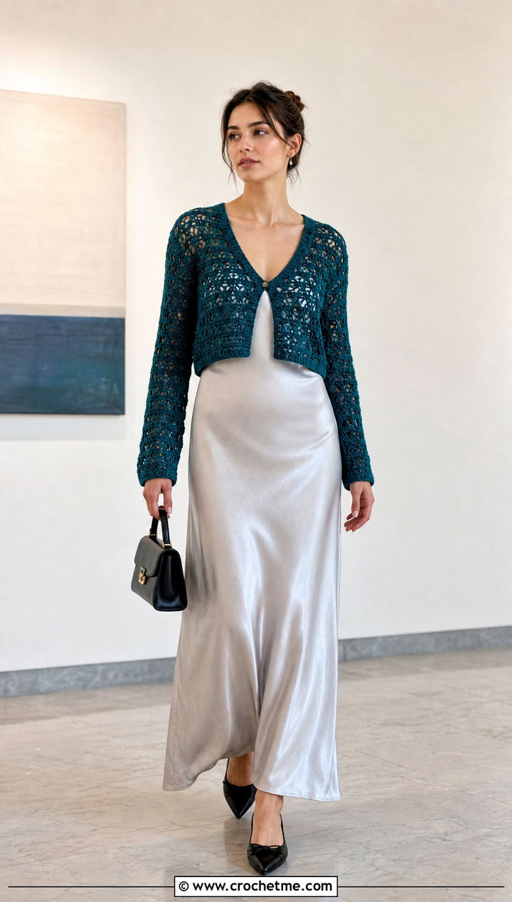 Open Stitch Crochet Cardigan With Slip Dress - 15 old navy crochet sweater outfit ideas